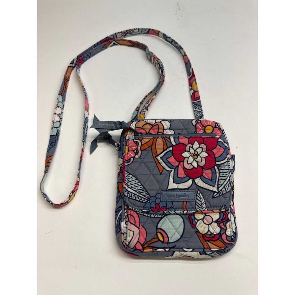 Vera Bradley Quilted Floral Crossbody Bag Grey Pink Orange Organizer Purse